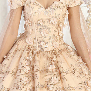 Off-the-shoulder peach Quinceañera ball gown with 3D floral appliqués and sequins, bespoke handcrafted wedding gown