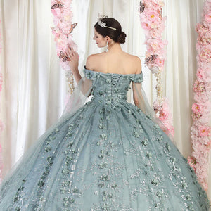 Off-the-shoulder sage green ball gown with 3D floral appliqués and corset back, bespoke handcrafted bridal gown