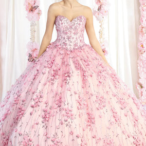Pink strapless ball gown with 3D floral accents and a beaded sweetheart bodice, bespoke handcrafted wedding gown