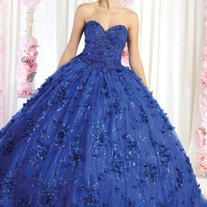 Royal blue sweetheart ball gown with beaded bodice and 3D floral appliques, a handcrafted Quinceañera bridal gown