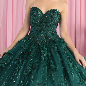 Emerald green ball gown with beaded sweetheart bodice and 3D floral details, bespoke handcrafted wedding gown