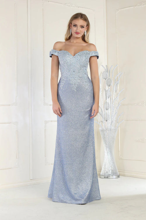 Light blue off-the-shoulder sheath gown with beaded lace bodice and shimmer, handcrafted wedding gown