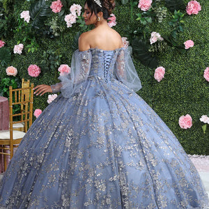 Bespoke blue floral ball gown with off-the-shoulder puff sleeves and corset back, handcrafted bridal gown