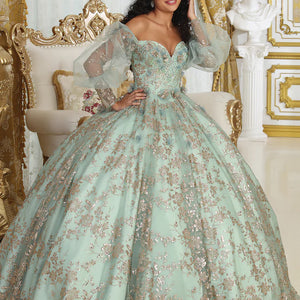 Bespoke mint green Quinceañera ball gown with floral embroidery and puff sleeves, handcrafted wedding gown