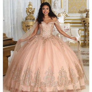 Rose pink ball gown with gold floral embroidery and off-the-shoulder sleeves, handcrafted bespoke bridal gown