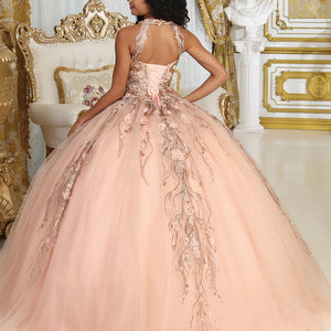 Bespoke peach halter neck Quinceañera ball gown with floral embroidery and corset back, handcrafted wedding gown