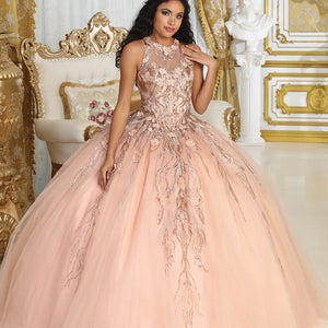 Bespoke peach ball gown with floral embroidery and illusion high neck, handcrafted wedding dress