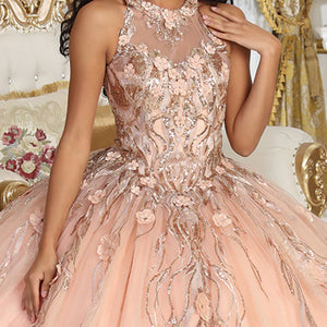 Bespoke blush sequin ball gown with illusion floral halter neck, handcrafted Quinceañera-inspired wedding dress