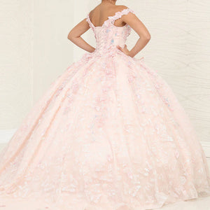 Bespoke blush pink ball gown with 3D butterfly appliques and off-the-shoulder straps, handcrafted wedding gown