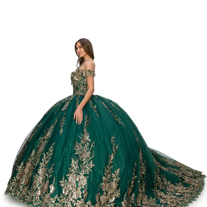 Emerald green Quinceañera ball gown with gold floral lace and off-the-shoulder sleeves, bespoke wedding gown