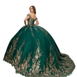 Emerald green off-the-shoulder ball gown with gold floral embroidery, handcrafted Quinceañera wedding gown