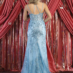 Light blue sequined mermaid gown with a strappy open back and beaded bodice, handcrafted bespoke wedding gown