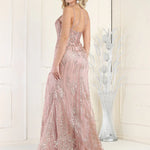 Rose gold sequined sheath gown with strappy open back, bespoke handcrafted pink wedding gown