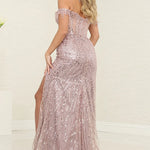 Mauve sequin off-the-shoulder formal gown with corset bodice and high slit, a bespoke handcrafted wedding gown
