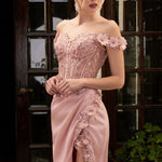 Bespoke off-the-shoulder blush beaded corset gown with 3D floral appliqués and high slit, handcrafted wedding gown