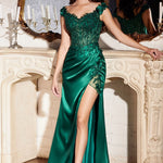 Emerald green satin gown with 3D floral cap sleeves and beaded corset bodice, bespoke handcrafted wedding gown