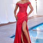 Bespoke red beaded corset gown with floral appliques and high side slit, handcrafted formal wedding gown