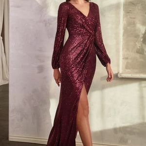 Burgundy sequin V-neck wrap gown with long sleeves and slit, handcrafted mother of the bride wedding gown