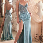 Shimmering ice blue formal gown with beaded corset and high leg slit, handcrafted bespoke wedding dress