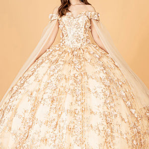 Champagne ball gown with 3D floral lace, corset bodice, and off-the-shoulder cape sleeves, bespoke wedding dress