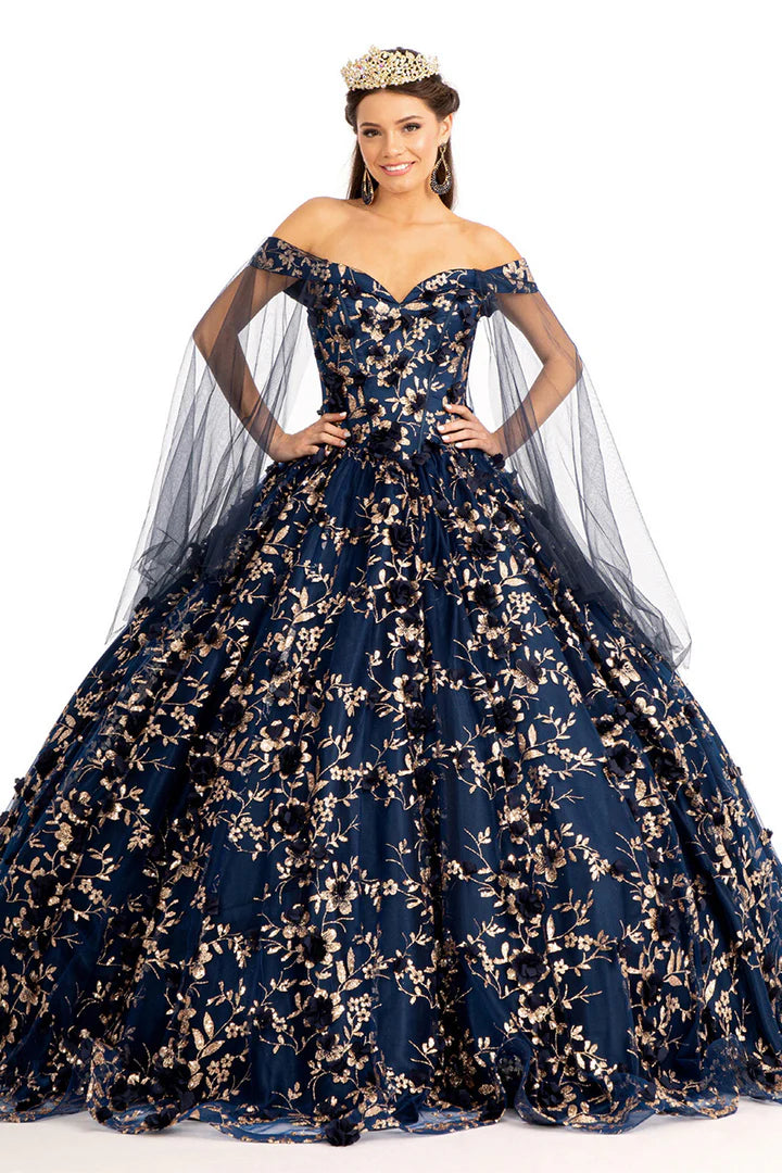 Bespoke navy ball gown with gold embroidery and off-the-shoulder tulle cape sleeves, handcrafted wedding dress
