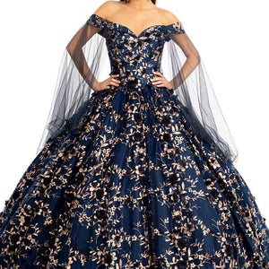 Bespoke navy ball gown with gold embroidery and off-the-shoulder tulle cape sleeves, handcrafted wedding dress