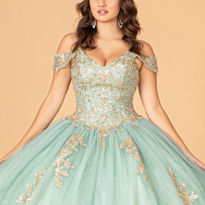 Mint green glitter ball gown with gold embroidery and off-the-shoulder straps, bespoke Quinceañera wedding gown