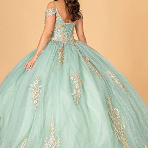 Sage green ballgown with gold lace and off-the-shoulder straps, bespoke handcrafted Quinceañera wedding gown