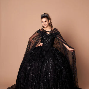 Bespoke black sequined Quinceañera ball gown with matching lace cape and sweetheart bodice, handcrafted bridal gown