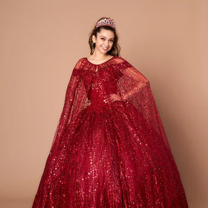 Red sequined ball gown with a matching sheer cape and scoop neck, a bespoke handcrafted wedding gown.