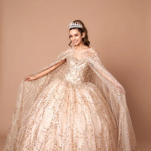 Bespoke champagne glitter Quinceañera ball gown with a matching long cape and sweetheart bodice, bridal gown