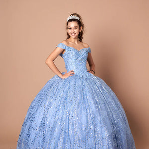 Bespoke off-the-shoulder blue Quinceañera ball gown with silver sequins and sweetheart neck, handcrafted wedding gown