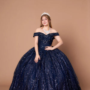 Navy sequined ball gown with off-the-shoulder sleeves and bespoke details, a handcrafted Quinceañera wedding gown.