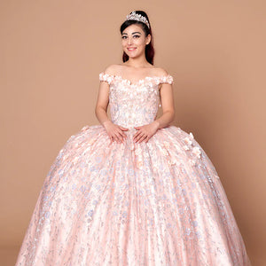 Bespoke blush ball gown with off-the-shoulder floral straps and 3D appliqués, handcrafted wedding gown