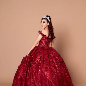 Bespoke burgundy ball gown with 3D floral appliqués and off-the-shoulder sleeves, handcrafted wedding gown
