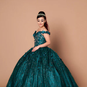 Emerald green off-the-shoulder ball gown with 3D floral accents and beaded bodice, handcrafted wedding gown