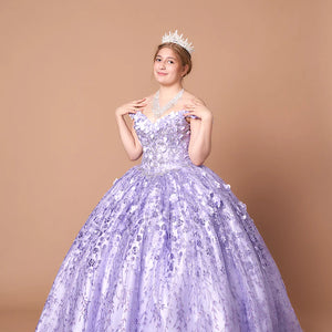 Lavender ball gown featuring 3D flowers and off-the-shoulder sleeves, bespoke non-traditional wedding dress