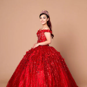 Red off-the-shoulder Quinceañera ball gown with 3D floral appliques and sequins, a bespoke handcrafted wedding dress