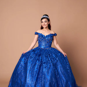 Royal blue off-the-shoulder ball gown with handcrafted 3D floral accents and shimmering tulle, elegant wedding gown