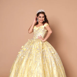Bespoke off-the-shoulder yellow ball gown with silver floral embroidery and appliqués, handcrafted wedding gown