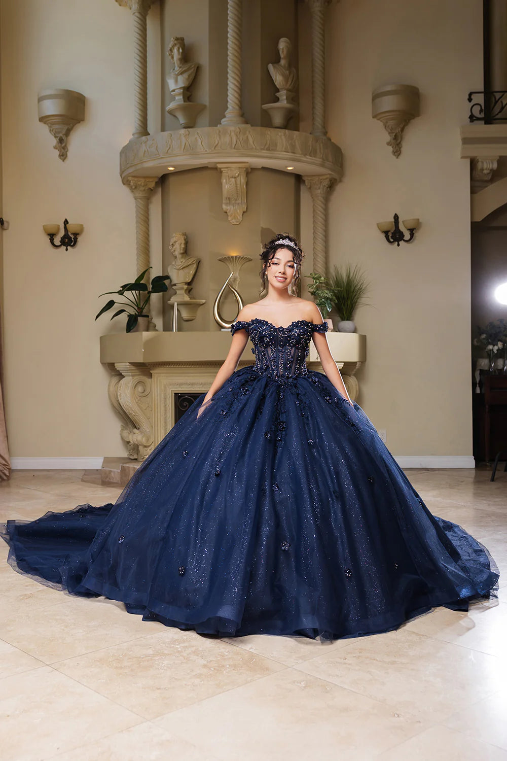 Embroidered Tulle Quinceañera Bridal Gown with Illusion Neckline Navy / 20