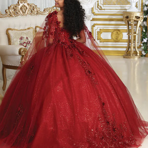 Bespoke crimson Quinceañera ball gown with 3D floral lace, shimmer tulle, and cape, handcrafted wedding gown