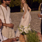 Shimmering A-line lace wedding dress with low back and leaf embroidery, bespoke Ricca Sposa bridal gown
