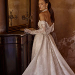 Handcrafted floral lace off-the-shoulder A-line wedding dress with long sleeves, bespoke bridal gown