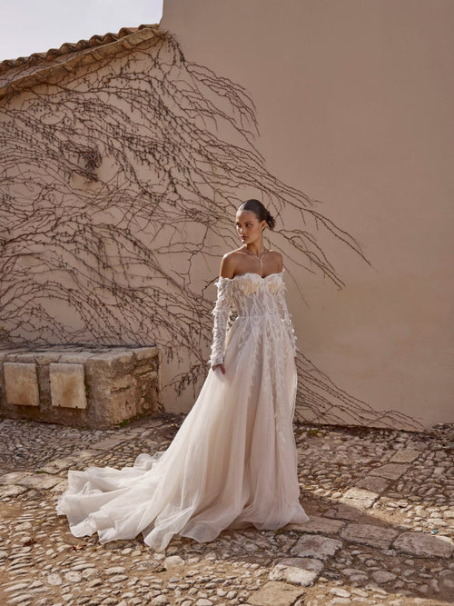 Bespoke off-the-shoulder A-line wedding dress with 3D floral lace and sheer corset bodice, handcrafted bridal gown