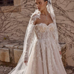 Bespoke A-line sweetheart bridal gown with 3D leaf lace and shimmering off-the-shoulder long sleeves, wedding dress
