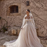 A-line lace wedding gown with sweetheart corset and long leafy sleeves, bespoke Ricca Sposa bridal gown