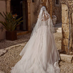 Shimmering tulle A-line gown with 3D floral lace veil and long train, bespoke Ricca Sposa 06 wedding dress