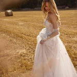 Sweetheart A-line floral lace wedding dress with sheer corset and detached sleeves, handcrafted Ricca Sposa bridal gown