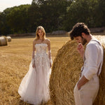 Strapless 3D floral applique corset wedding dress with sheer gloves, handcrafted bespoke Ricca Sposa bridal gown